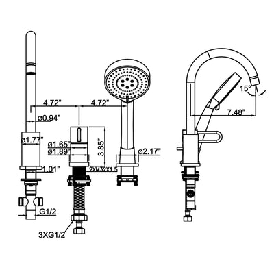 3-Hole Deck Mount Tub Faucet with Handheld Shower JK0052