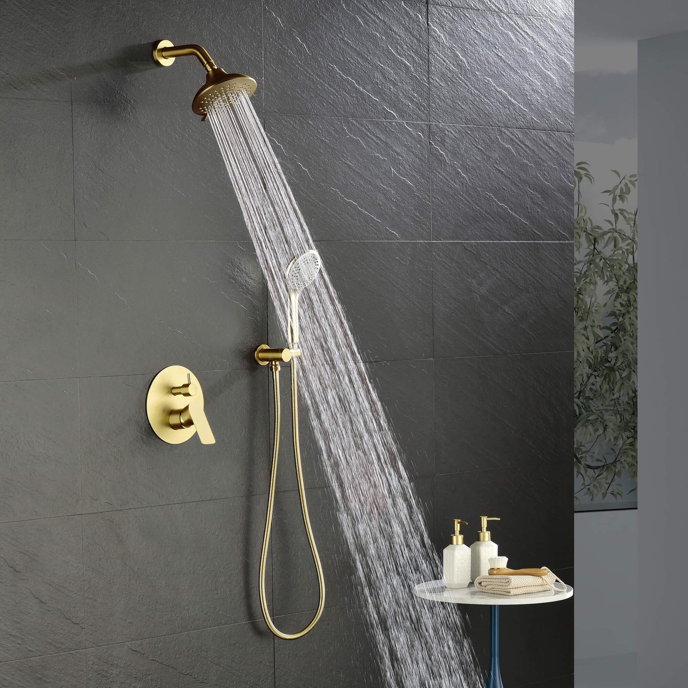 Bathroom Faucet Set Brushed Gold with 5 Functions Rain Shower Head Pressure Balance LYJ0037