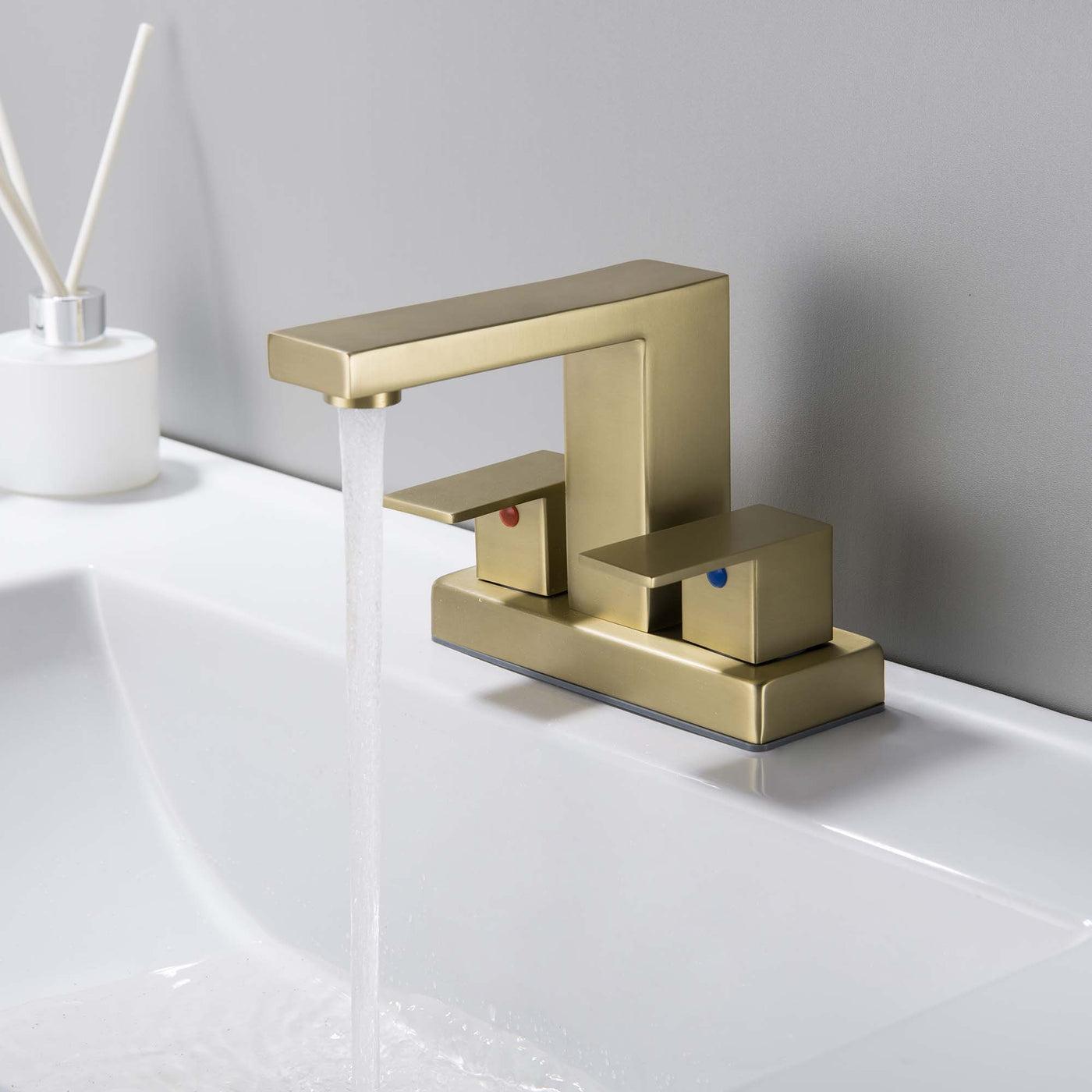 2 Handle Centerset Bathroom Sink Faucet 4 Inch Vanity Faucet 3 Hole Lavatory Faucet Brushed Gold JK0125