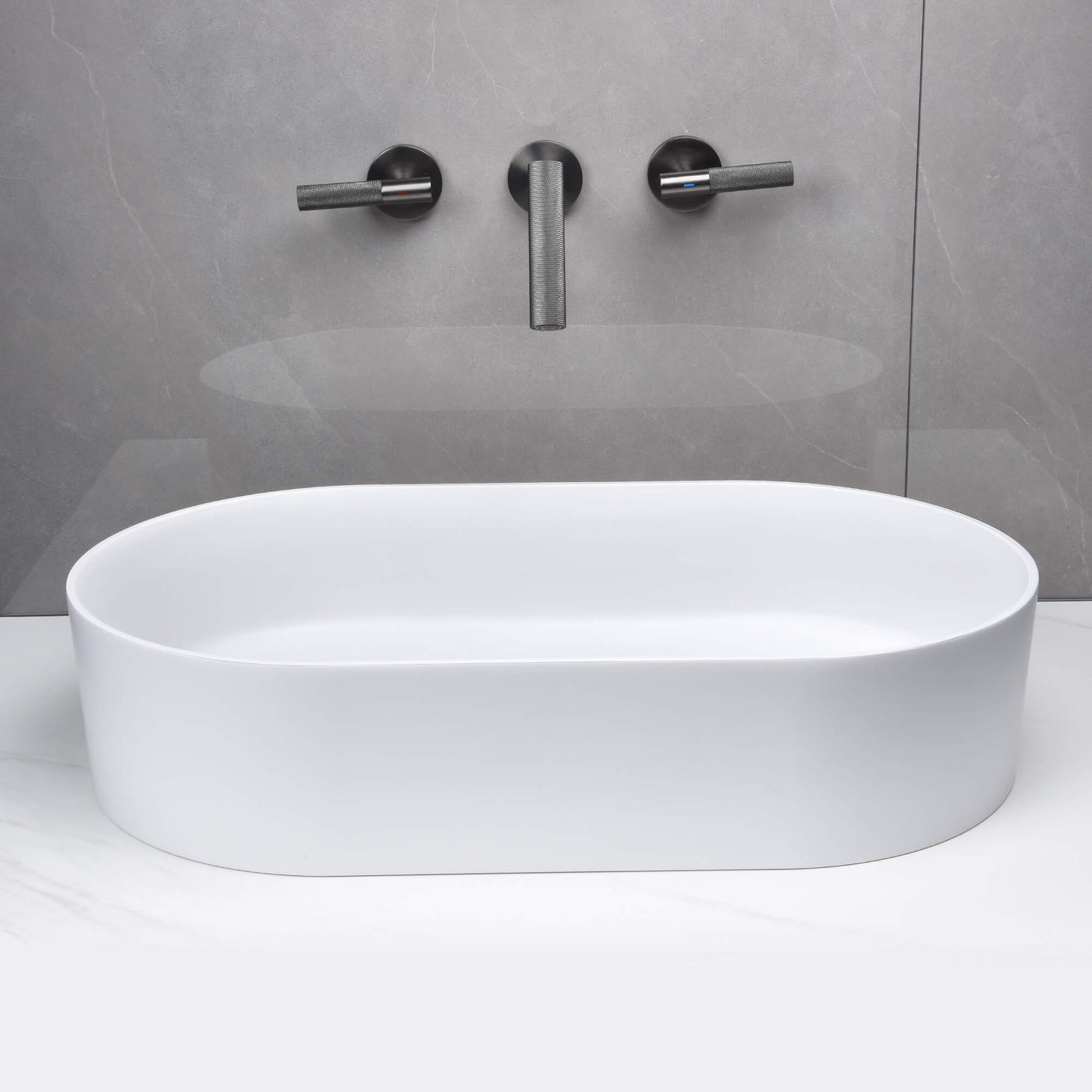 Bathroom Vessel Sink Oval Countertop White Stone Resin Vanity Sink Washing Art Basin