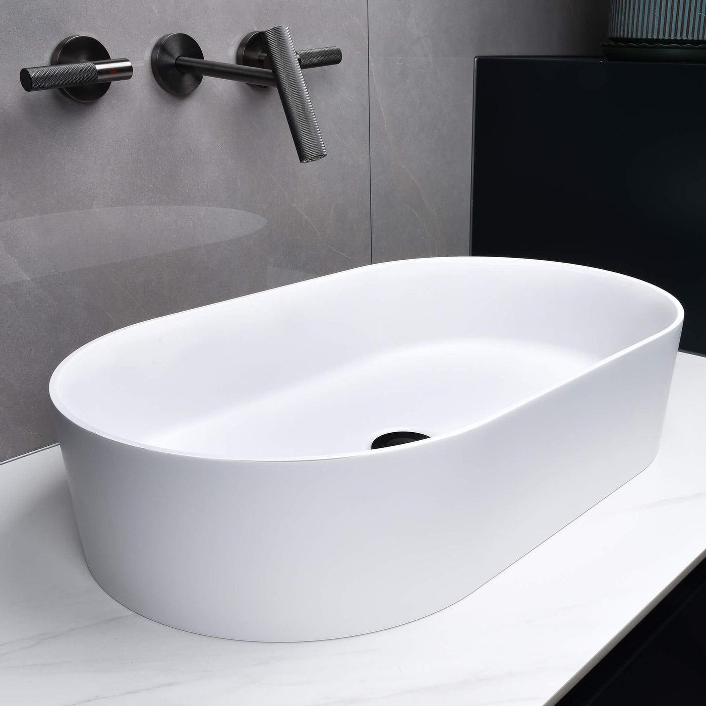 Bathroom Vessel Sink Oval Countertop White Stone Resin Vanity Sink Washing Art Basin