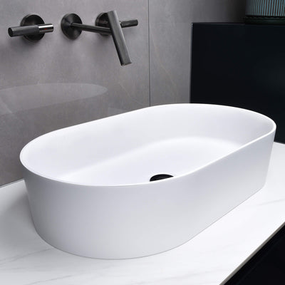 Bathroom Vessel Sink Oval Countertop White Stone Resin Vanity Sink Washing Art Basin