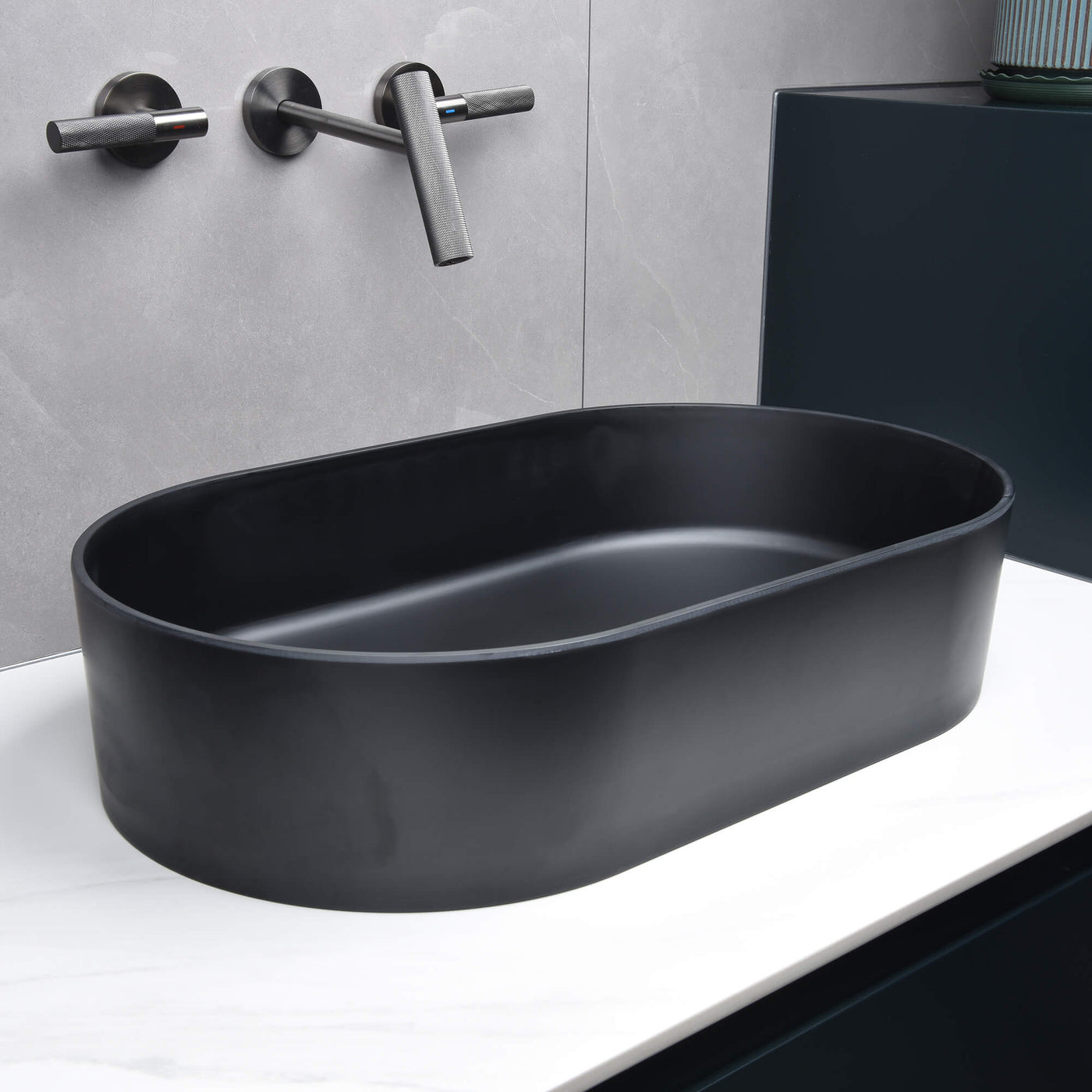 Bathroom Vessel Sink Oval Countertop White Stone Resin Vanity Sink Washing Art Basin
