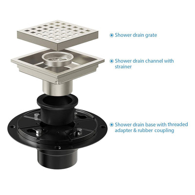 6-Inch Square Shower Drain with Removable Cover Grid Grate 304 Stainless Steel Brushed Nickel JK0306