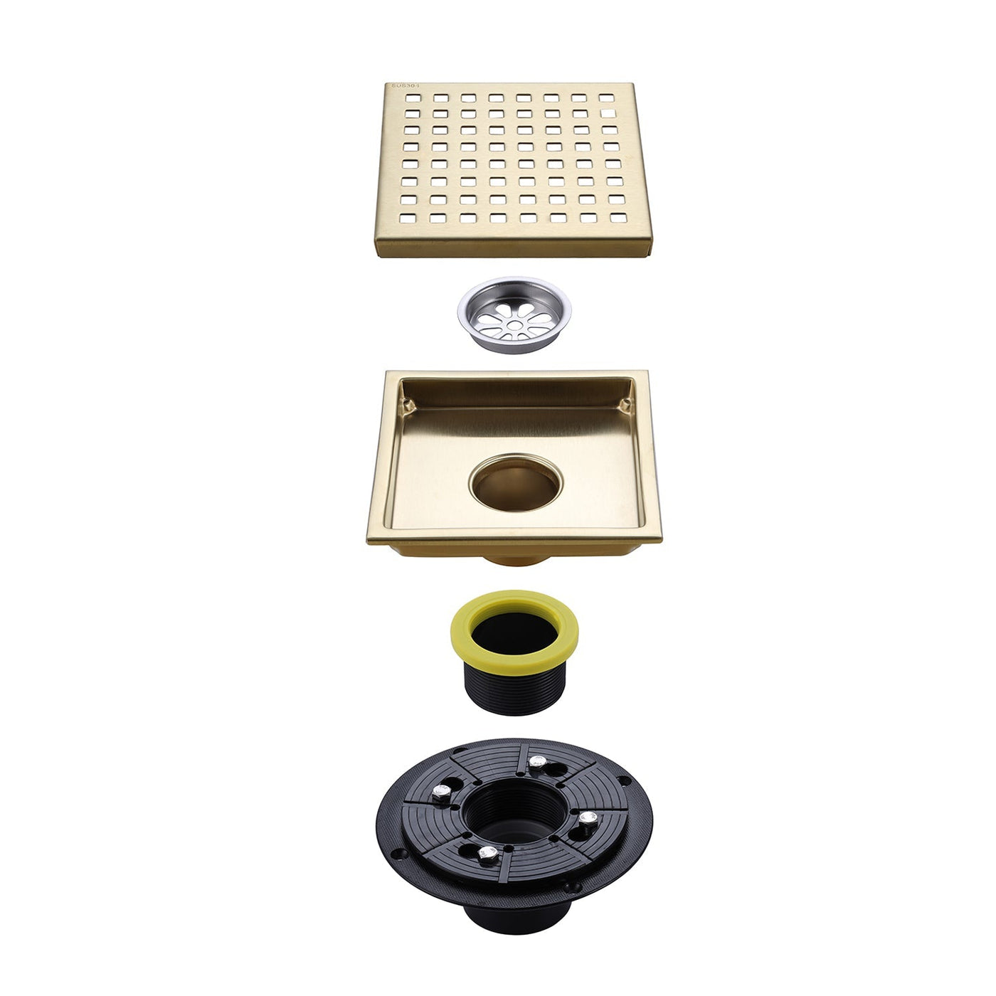 6-inch Square Shower Drain with Removable Cover Grid Grate Brushed Gold RB100G