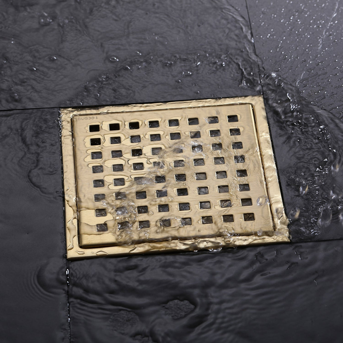 6-inch Square Shower Drain with Removable Cover Grid Grate Brushed Gold RB100G