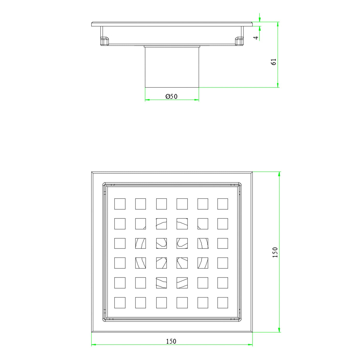6-inch Square Shower Drain with Removable Cover Grid Grate Brushed Gold RB100G
