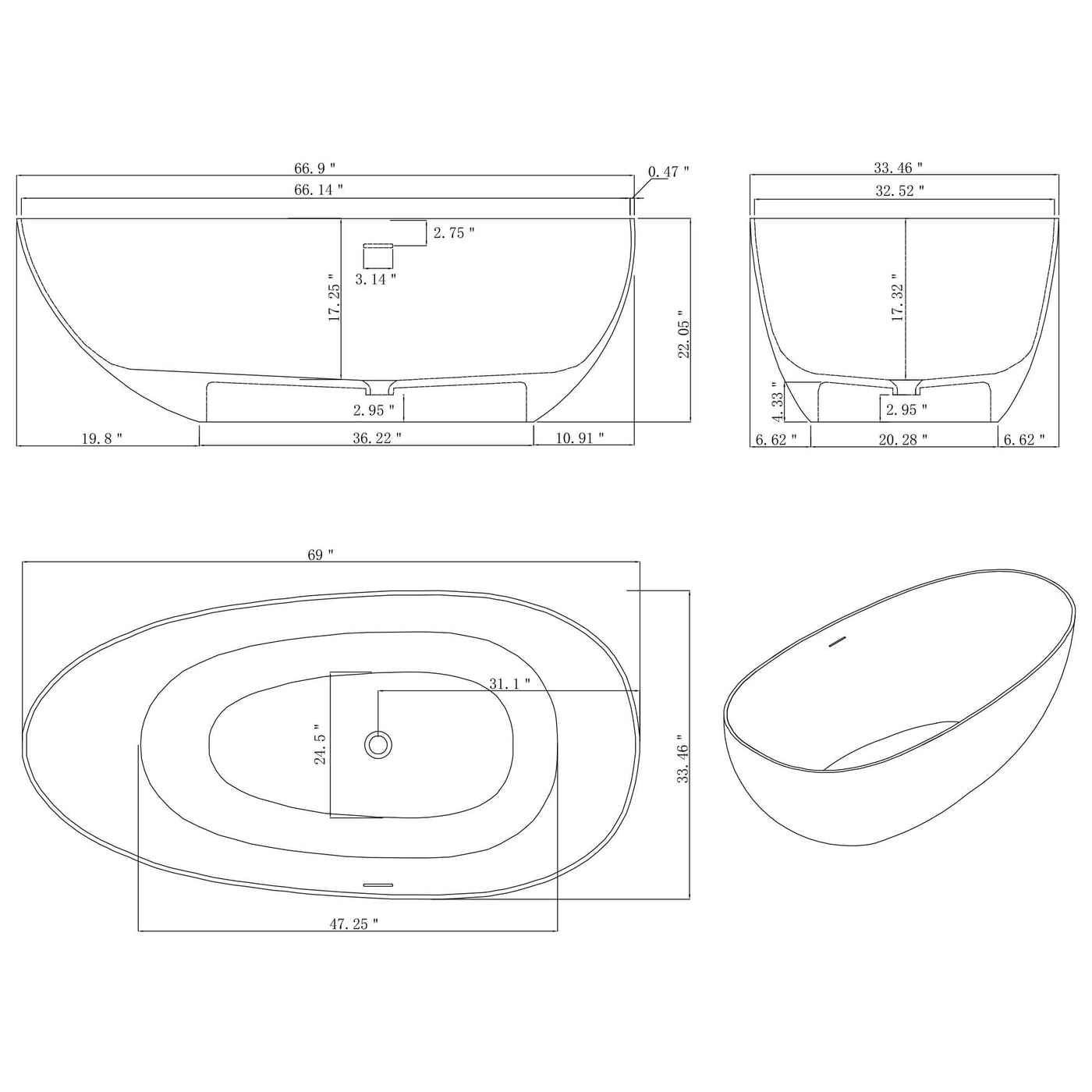 67 in. Composite Solid Surface Beveled Edge Flatbottom Egg Shape Bathtub in Matte White