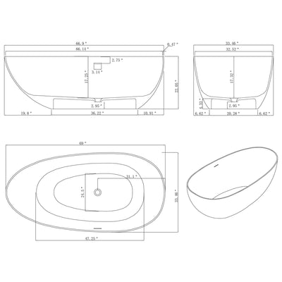 67 in. Composite Solid Surface Beveled Edge Flatbottom Egg Shape Bathtub in Matte White