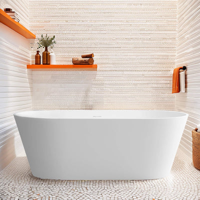Artificial Stone Resin Freestanding Bathtub Solid Surface Soaking Stand Alone Tub with Pop-up Drain and Hose