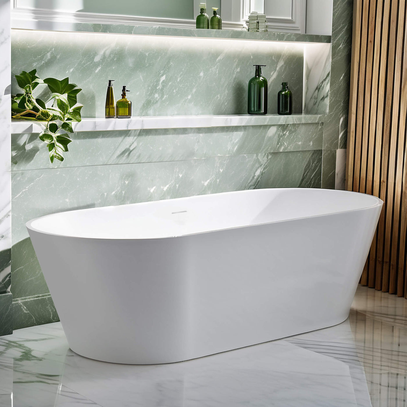 Artificial Stone Resin Freestanding Bathtub Solid Surface Soaking Stand Alone Tub with Pop-up Drain and Hose