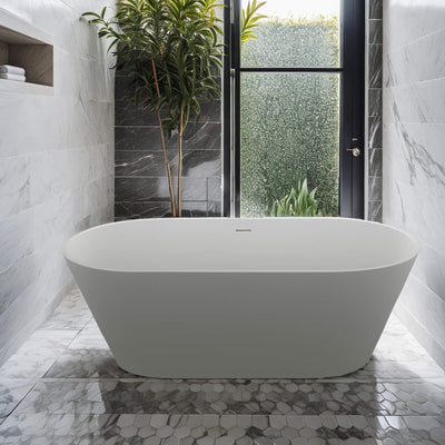 Artificial Stone Resin Freestanding Bathtub Solid Surface Soaking Stand Alone Tub with Pop-up Drain and Hose