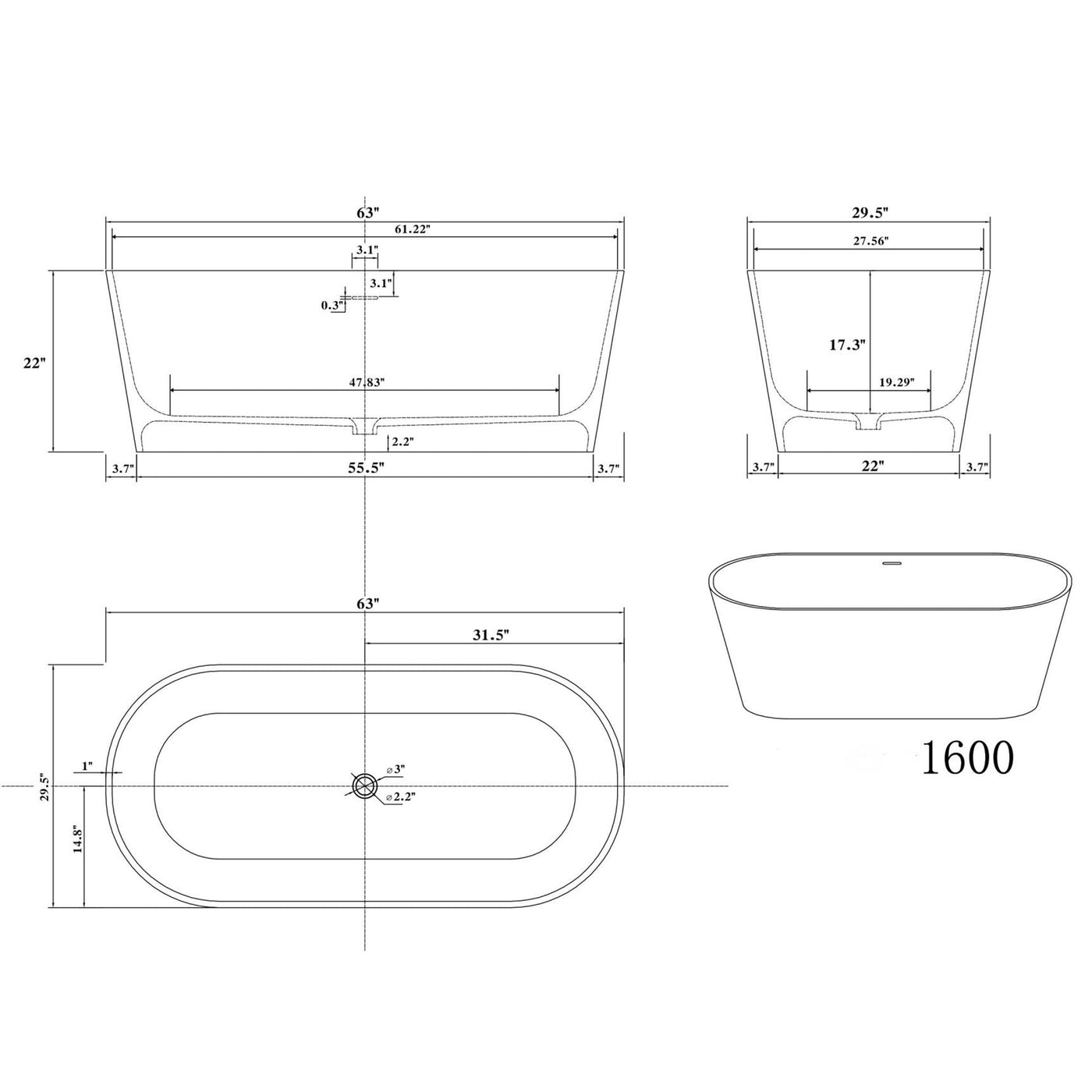 Artificial Stone Resin Freestanding Bathtub Solid Surface Soaking Stand Alone Tub with Pop-up Drain and Hose