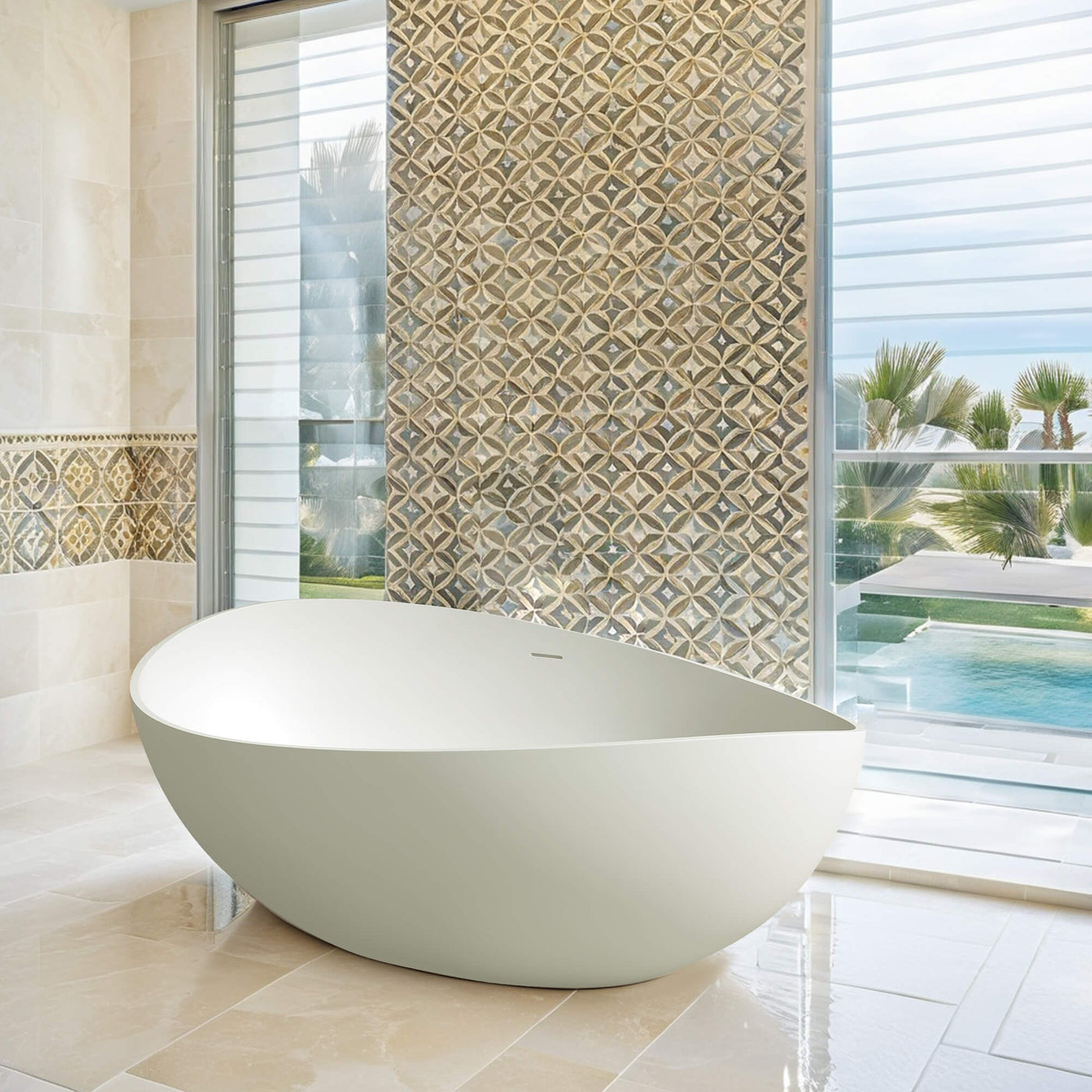 63 in. Artificial Stone Resin Solid Surface Matte Freestanding Bathtub in White with Pop-up Drain and Hose