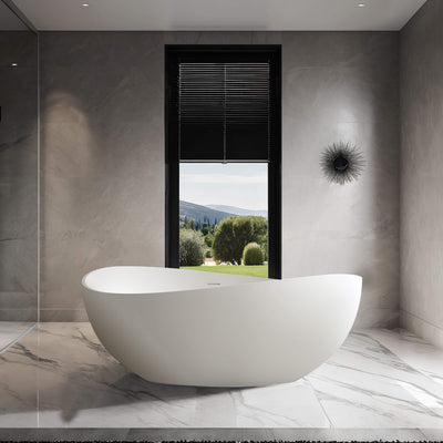 63 in. Artificial Stone Resin Solid Surface Matte Freestanding Bathtub in White with Pop-up Drain and Hose