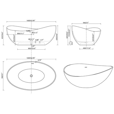 63 in. Artificial Stone Resin Solid Surface Matte Freestanding Bathtub in White with Pop-up Drain and Hose