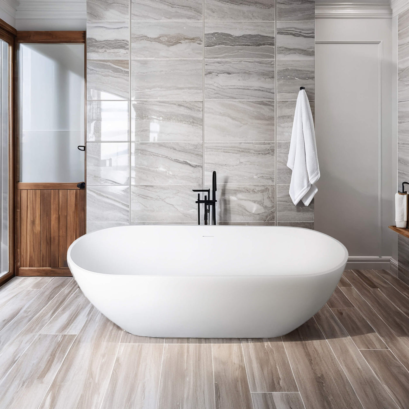 69 in. Modern Bathtub Solid Surface Stone Resin Oval-shaped Freestanding Soaking Tub with Pop-up Drain and Hose