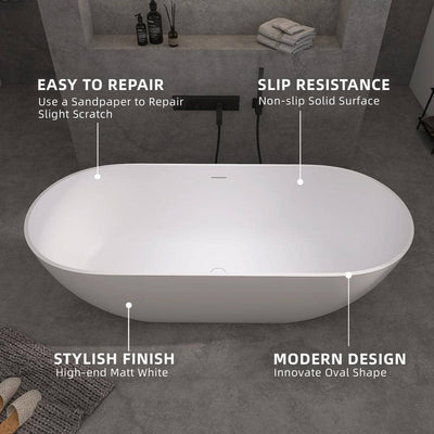 69 in. Modern Bathtub Solid Surface Stone Resin Oval-shaped Freestanding Soaking Tub with Pop-up Drain and Hose