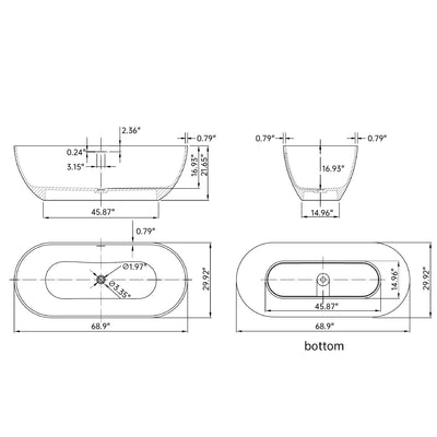 69 in. Modern Bathtub Solid Surface Stone Resin Oval-shaped Freestanding Soaking Tub with Pop-up Drain and Hose