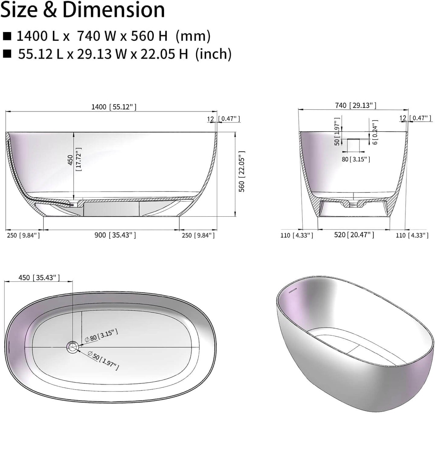 Artificial Stone Resin Freestanding Bathtub Soaking Tub Solid Surface Stand Alone Bathtub with Pop-up Drain and Hose
