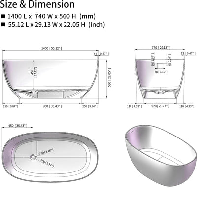 Artificial Stone Resin Freestanding Bathtub Soaking Tub Solid Surface Stand Alone Bathtub with Pop-up Drain and Hose