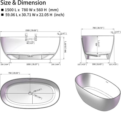 Artificial Stone Resin Freestanding Bathtub Soaking Tub Solid Surface Stand Alone Bathtub with Pop-up Drain and Hose