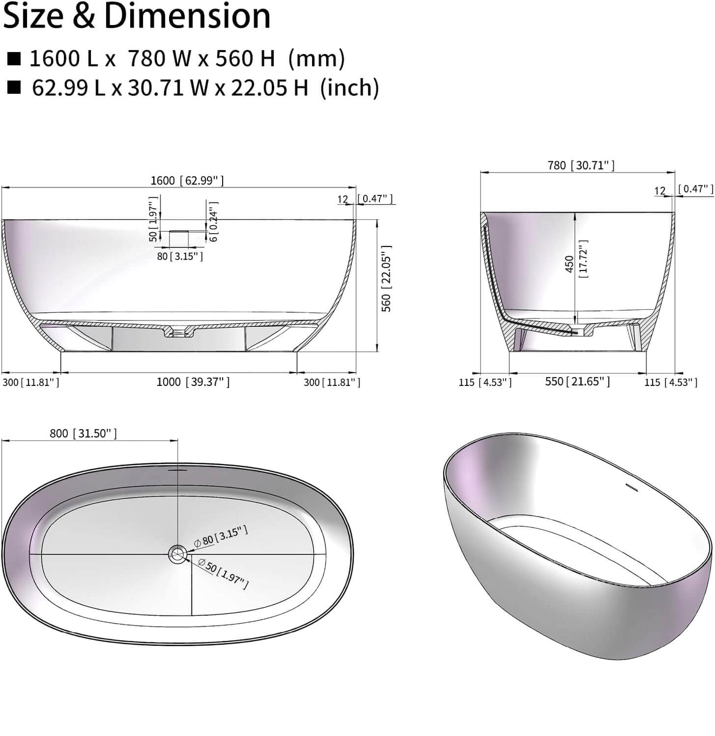 Artificial Stone Resin Freestanding Bathtub Soaking Tub Solid Surface Stand Alone Bathtub with Pop-up Drain and Hose