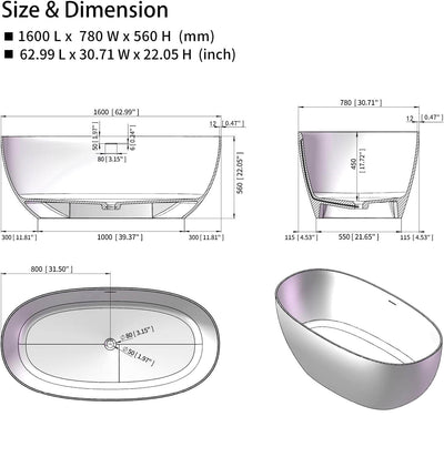 Artificial Stone Resin Freestanding Bathtub Soaking Tub Solid Surface Stand Alone Bathtub with Pop-up Drain and Hose