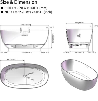 Artificial Stone Resin Freestanding Bathtub Soaking Tub Solid Surface Stand Alone Bathtub with Pop-up Drain and Hose