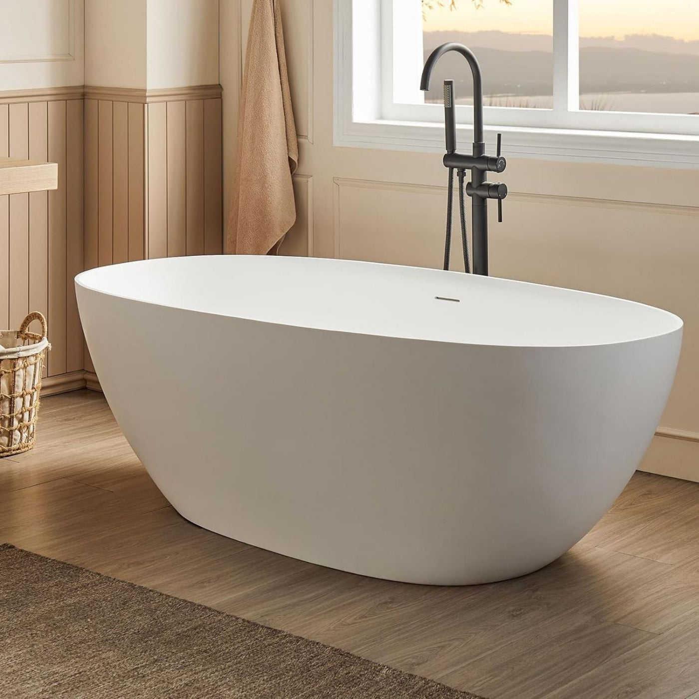 Artificial Stone Resin Freestanding Bathtub Soaking Tub Solid Surface Stand Alone Bathtub with Pop-up Drain and Hose