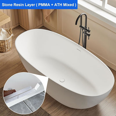 Artificial Stone Resin Freestanding Bathtub Soaking Tub Solid Surface Stand Alone Bathtub with Pop-up Drain and Hose