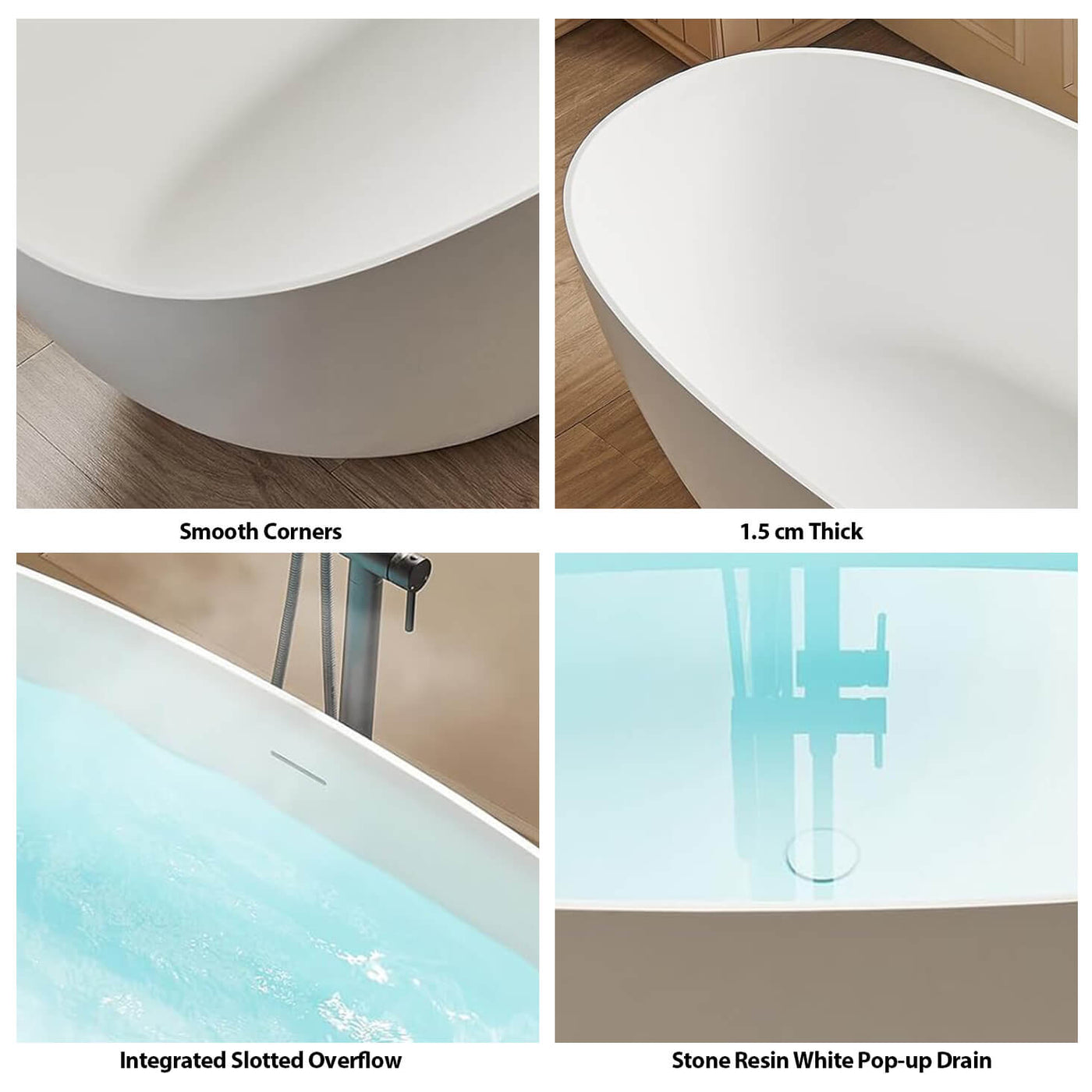 Artificial Stone Resin Freestanding Bathtub Soaking Tub Solid Surface Stand Alone Bathtub with Pop-up Drain and Hose